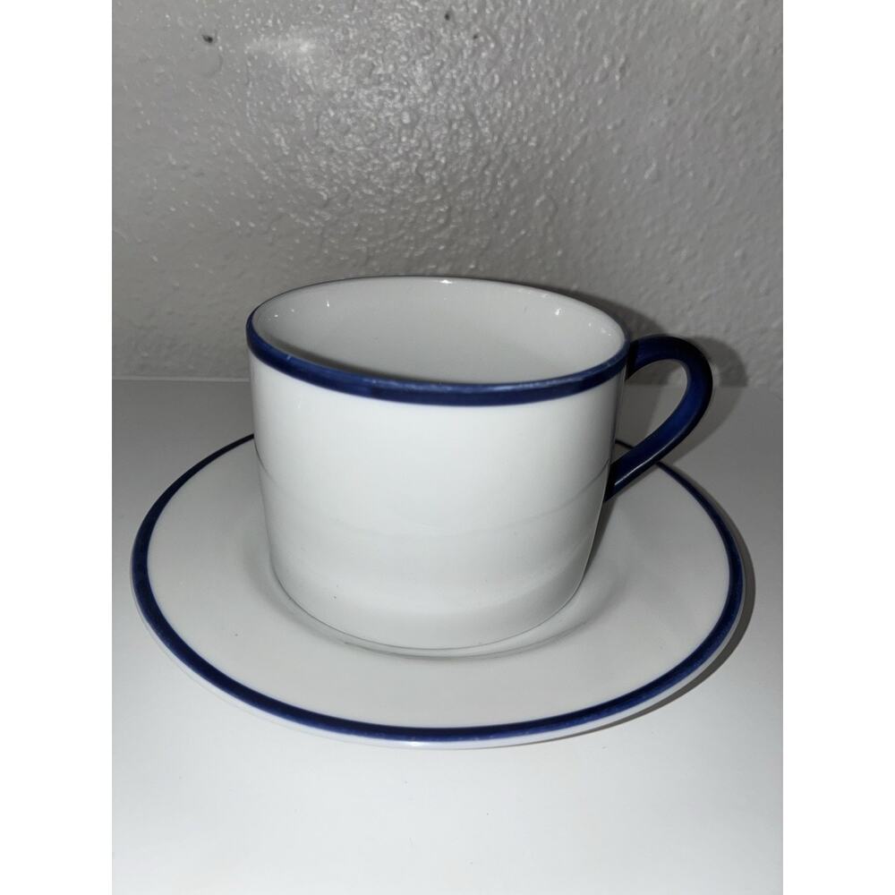 Crate & Barrel Monno Bangladesh Flat Bottom Cup and Saucer White with Blue Rim